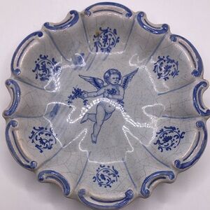 Italian Cherub Angel Wall Hanging Plate Blue Orvieto Scalloped Crackle